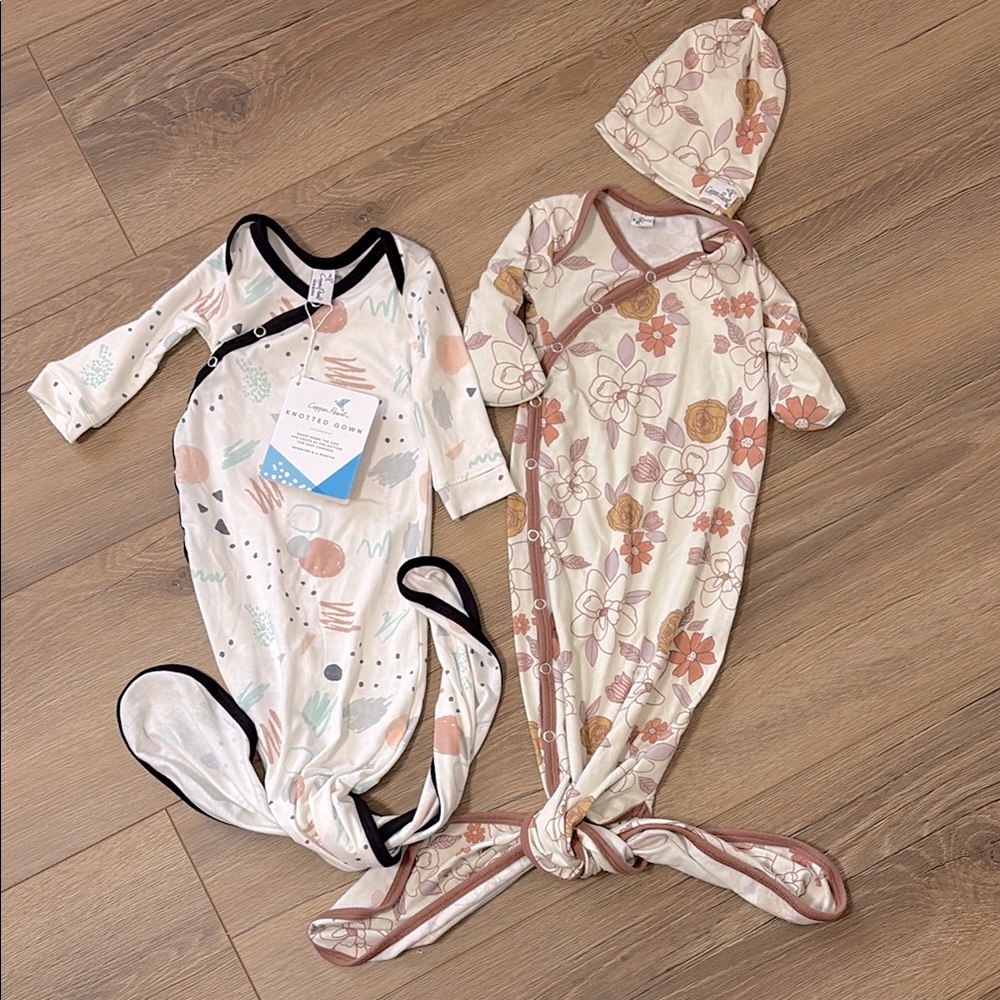Copper Pearl Bundle of Two Newborn Floral and Geometric Baby Gowns with Hat NWT